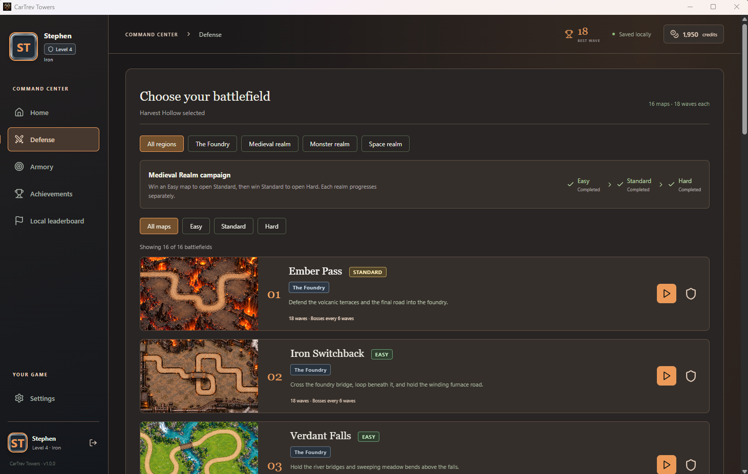 CarTrev Towers battlefield selection with realm filters and campaign progress