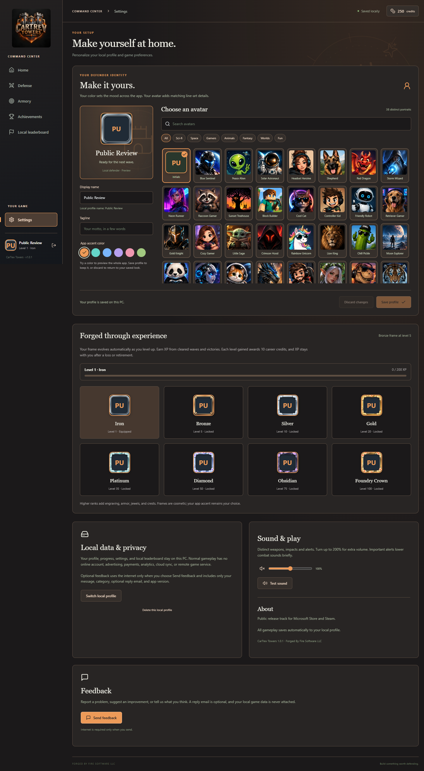 CarTrev Towers settings showing local profiles, avatars, progression and privacy information