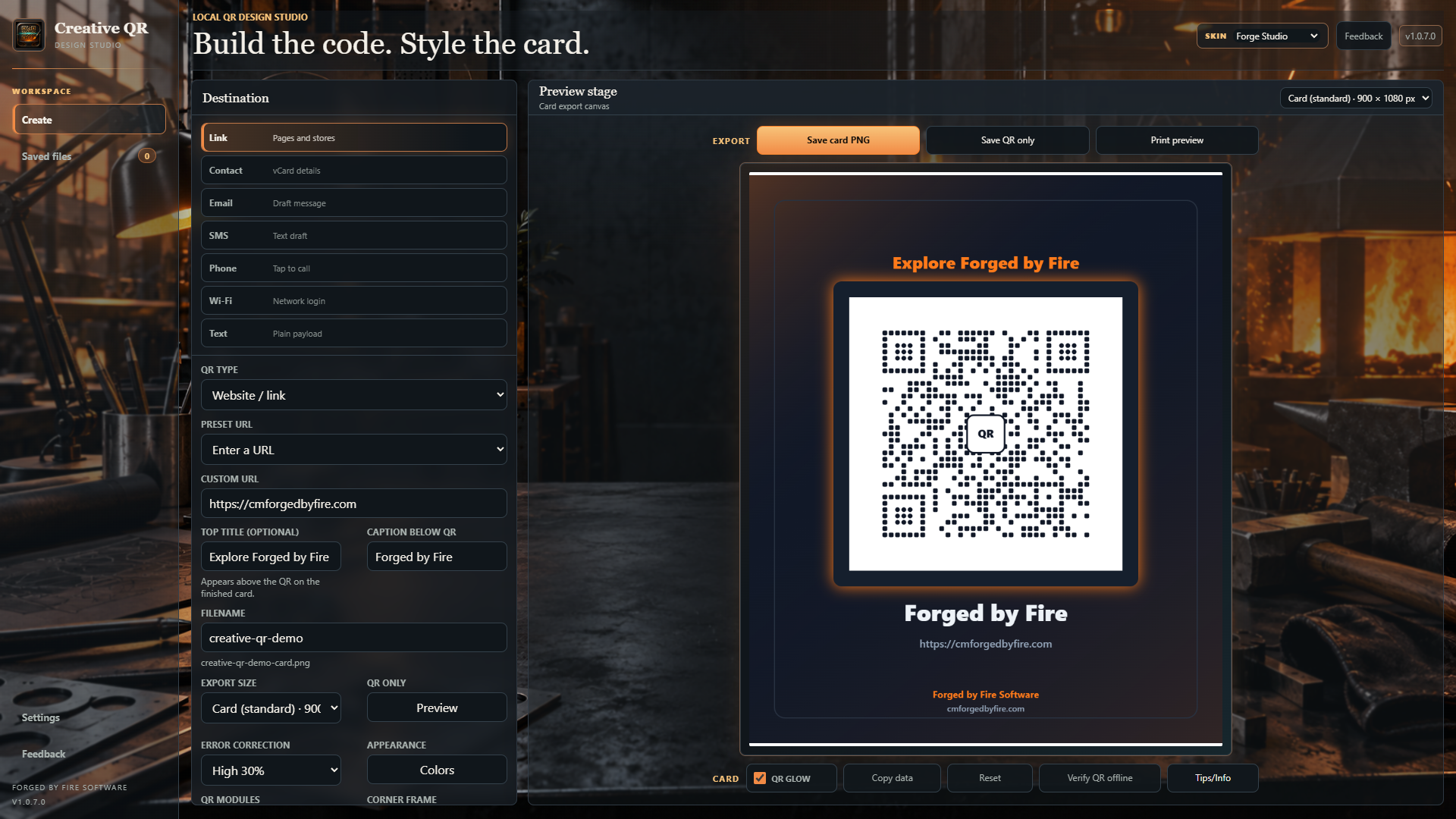 Creative QR for Windows in Forge Studio creating a website QR card