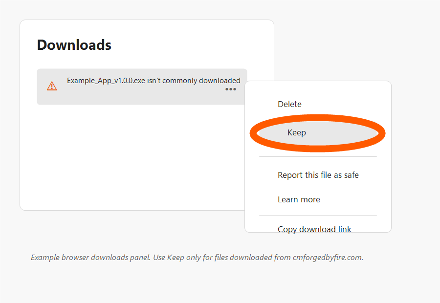 Browser downloads menu showing the Keep option