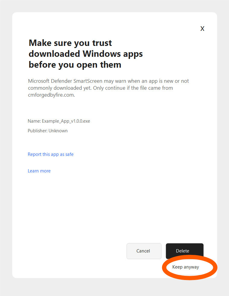 Windows trust warning showing the Keep anyway option