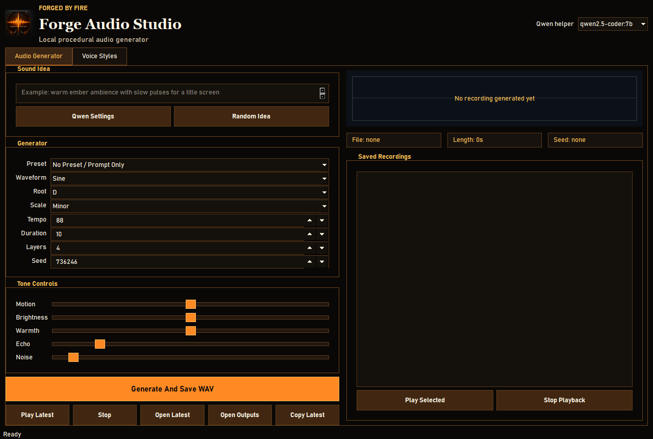Forge Audio Studio audio generator with prompt, generator controls, waveform preview, and saved recordings