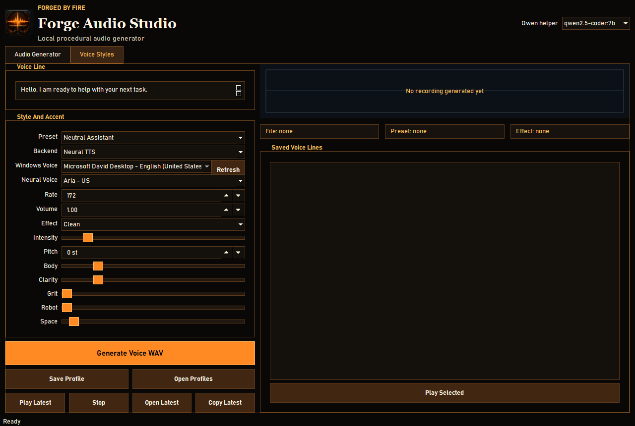 Forge Audio Studio voice styles tab with assistant voice text, TTS backend, voice preset, and shaping controls