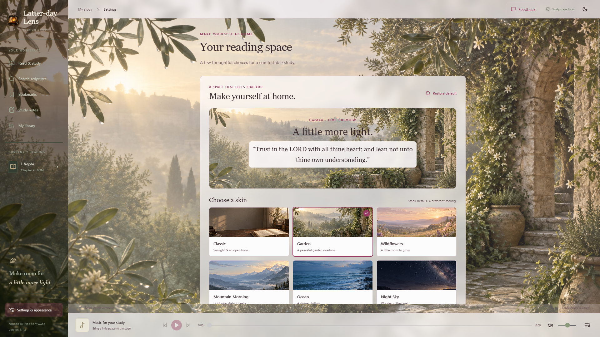 Latter-day Lens v1.1.2 appearance settings with the Garden theme preview