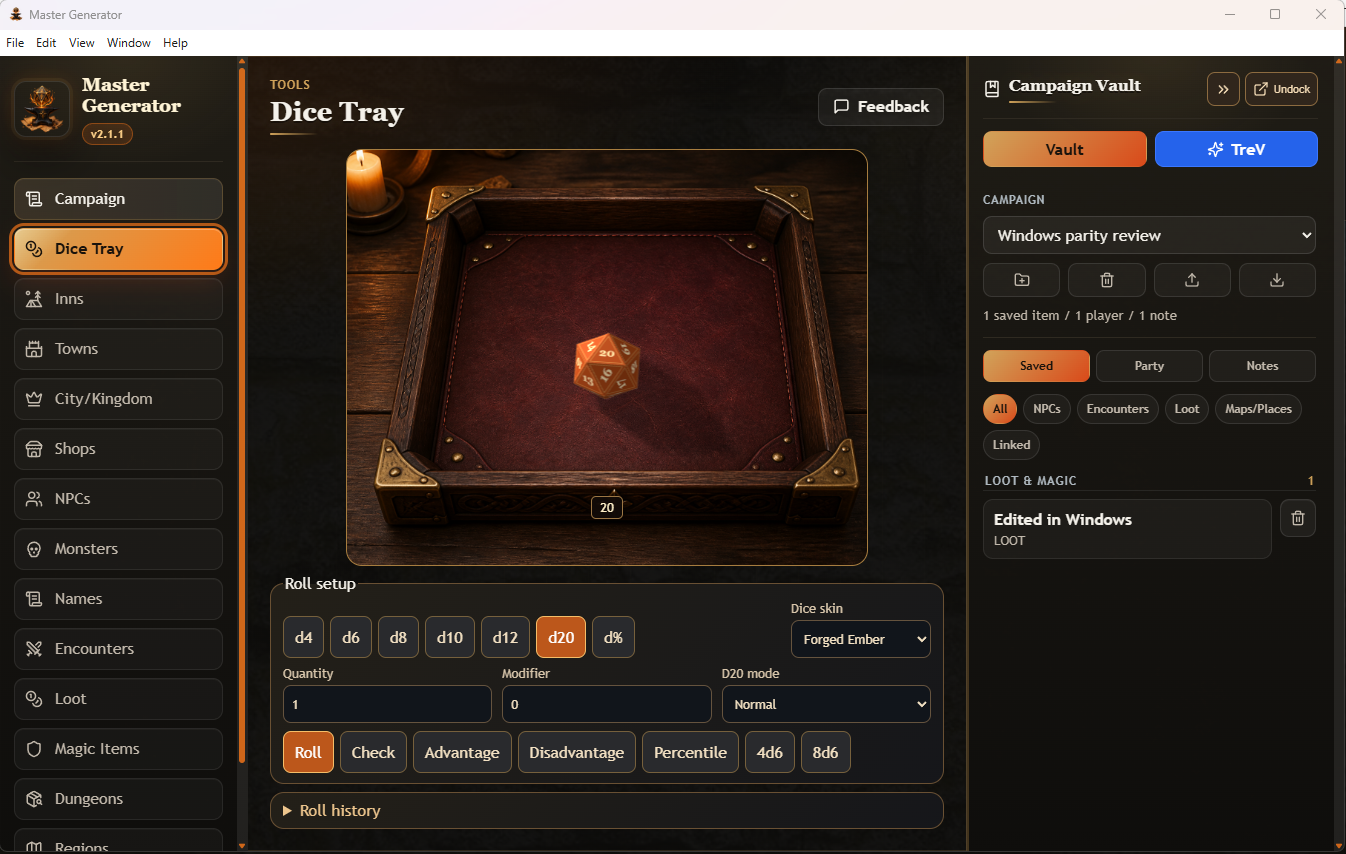Master Generator Dice Tray with Campaign Vault open