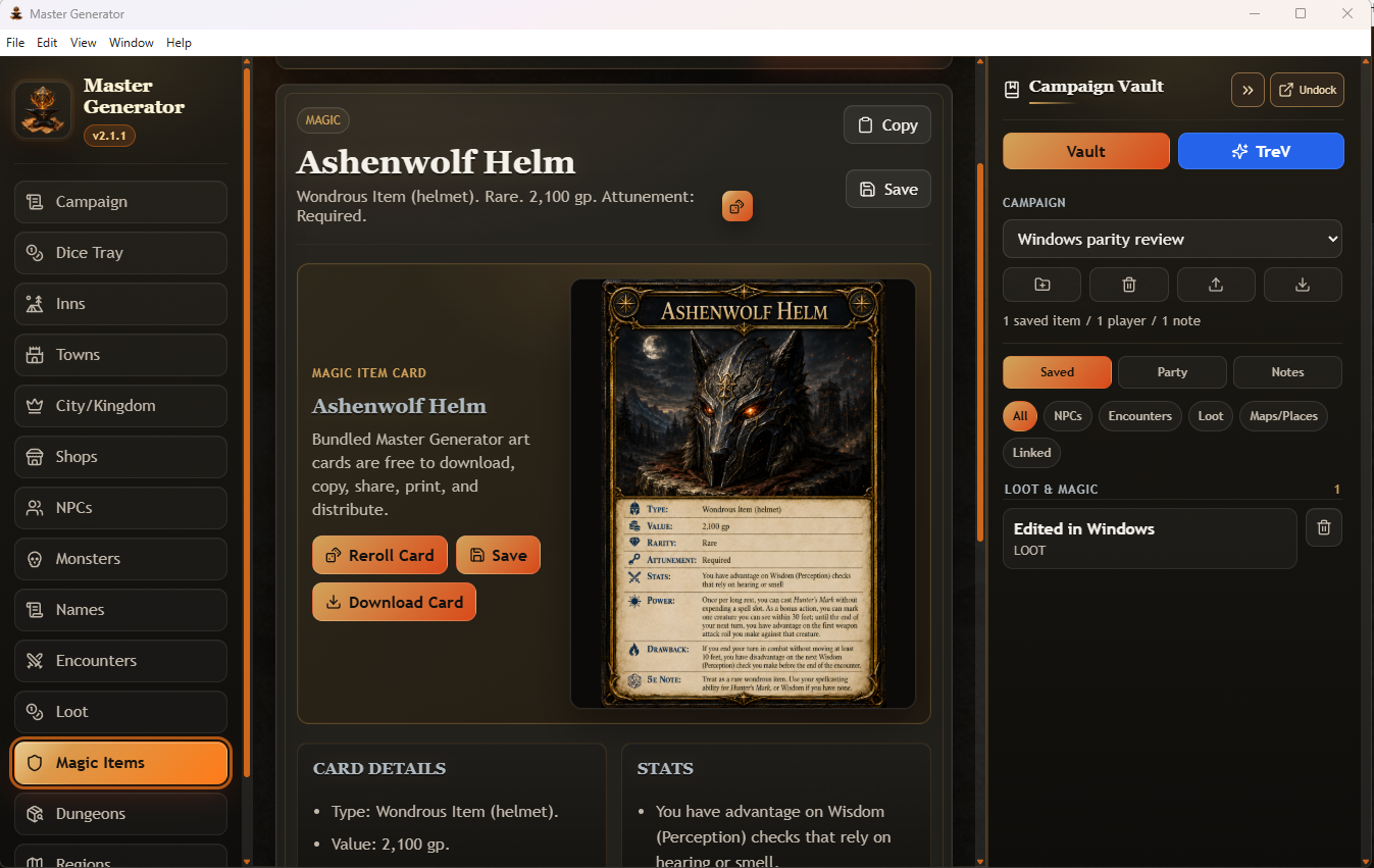 Master Generator magic item card with Campaign Vault open