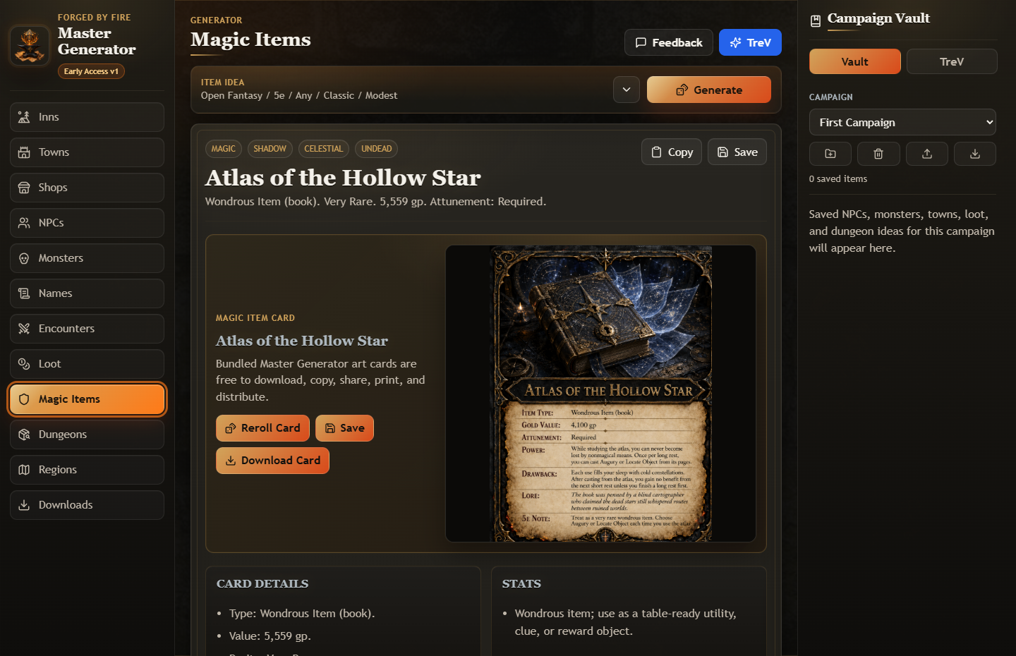 Master Generator magic item card with generated details and downloadable visual card