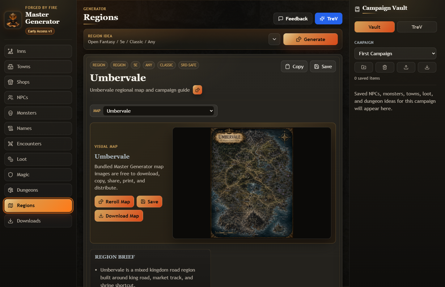 Master Generator region map view with matching campaign guide details