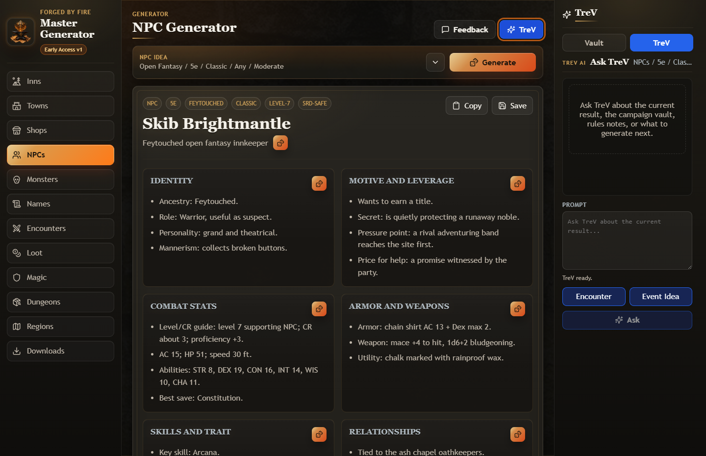 Master Generator with TreV companion panel open beside an NPC generator result