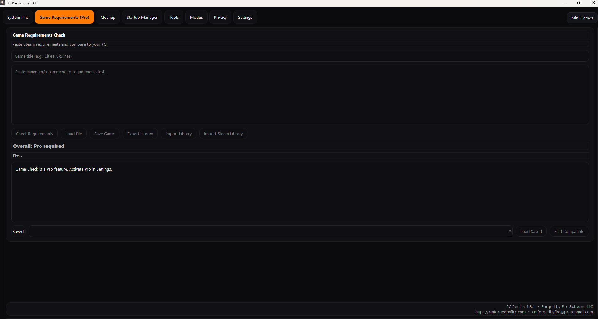 PC Purifier Game Requirements (Pro) tab