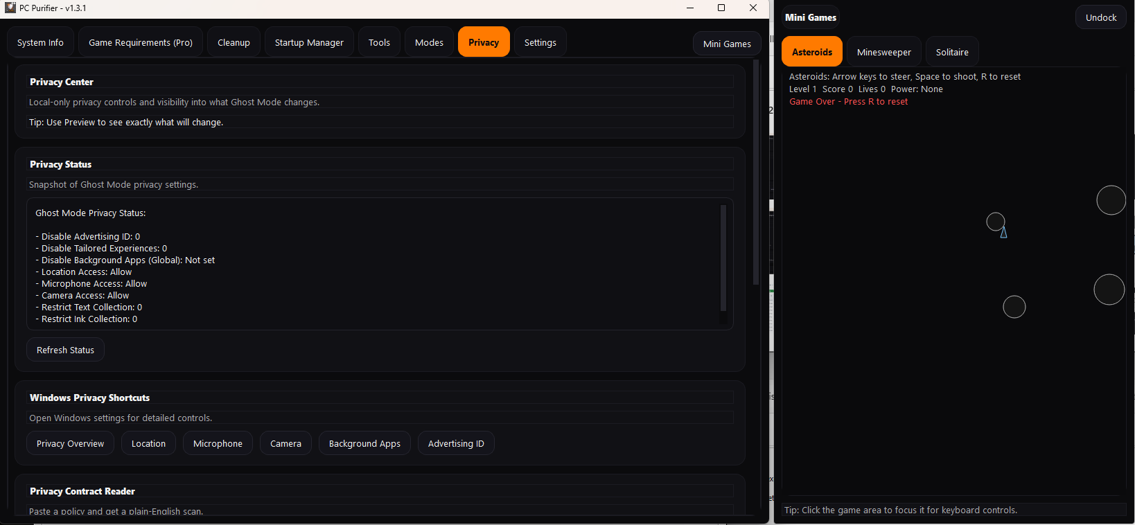 PC Purifier Mini Games window (Solitaire)
