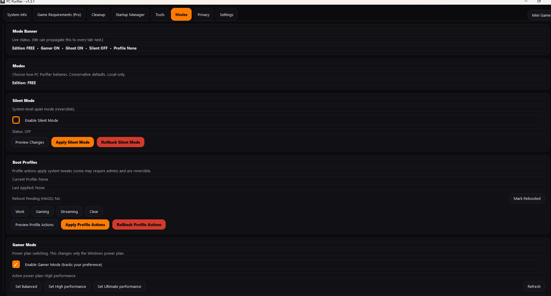 PC Purifier Modes tab
