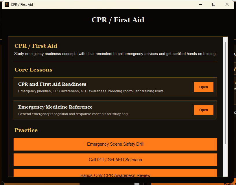 Skill Rebuilder CPR and First Aid track with lessons and practice items