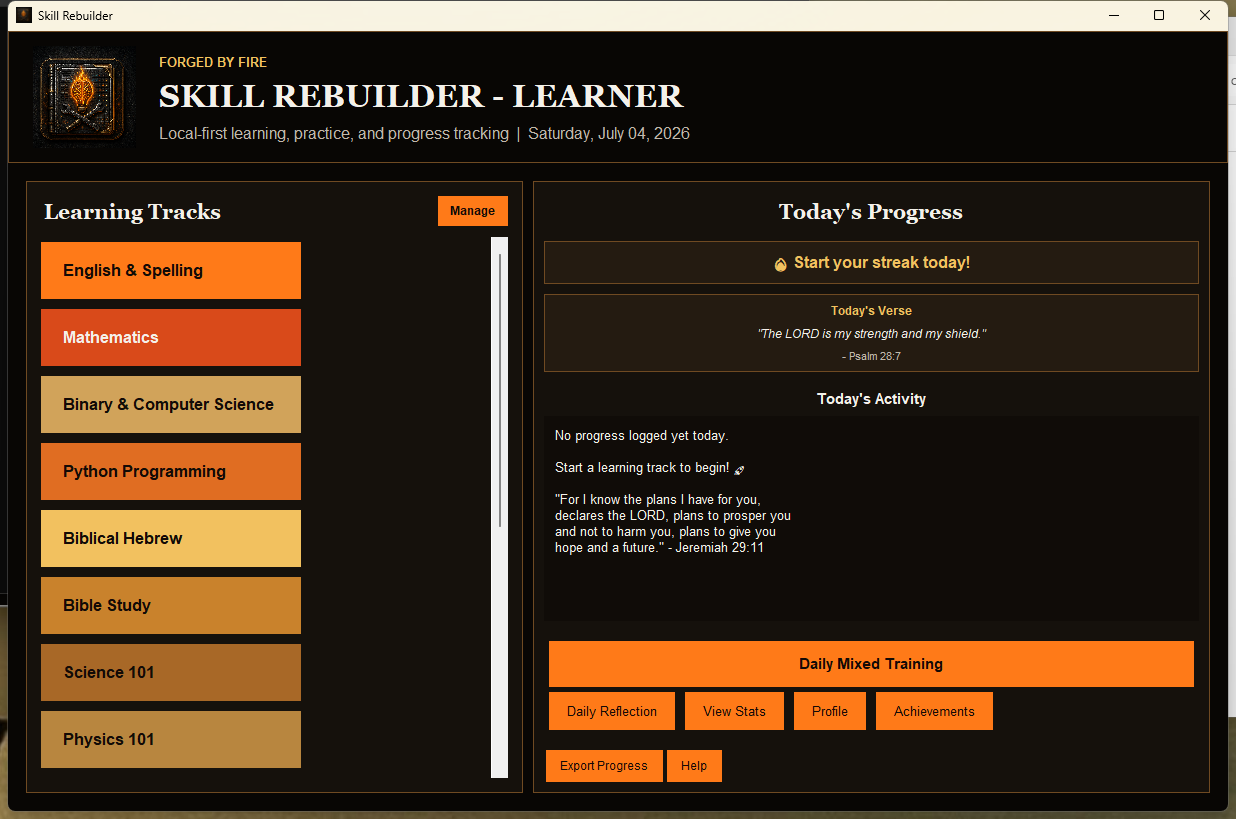 Skill Rebuilder dashboard with learning tracks and today's progress