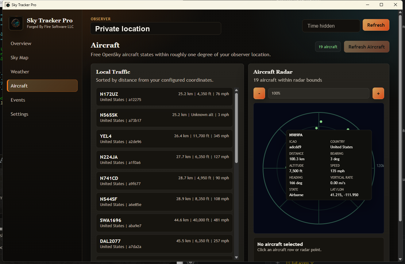 Sky Tracker Pro aircraft radar and local traffic screen