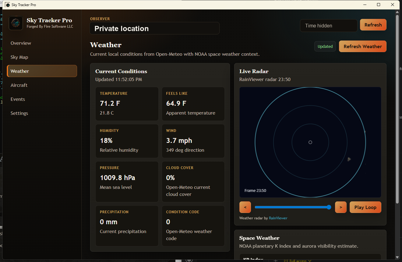 Sky Tracker Pro weather radar and local conditions screen