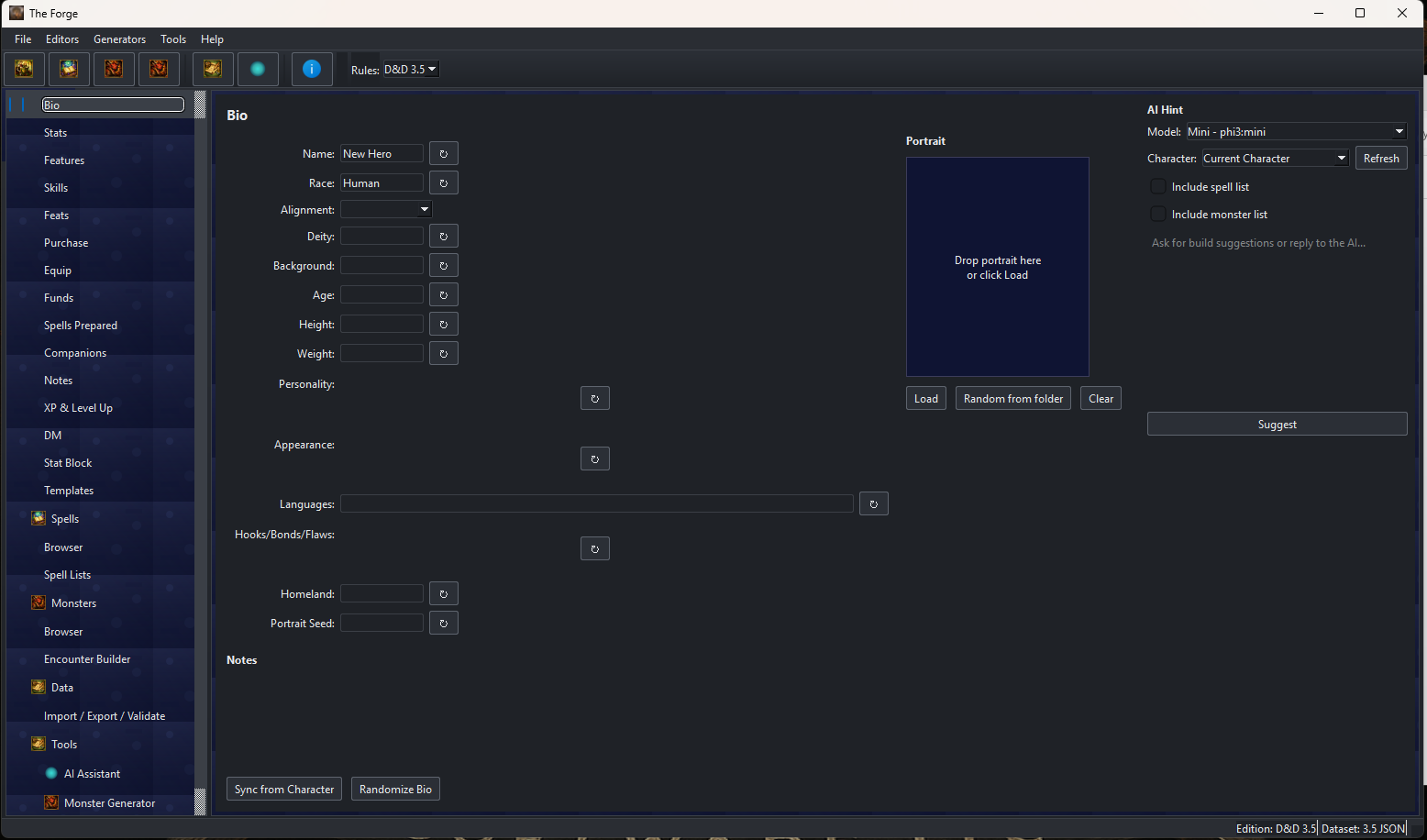 The Forge main character builder