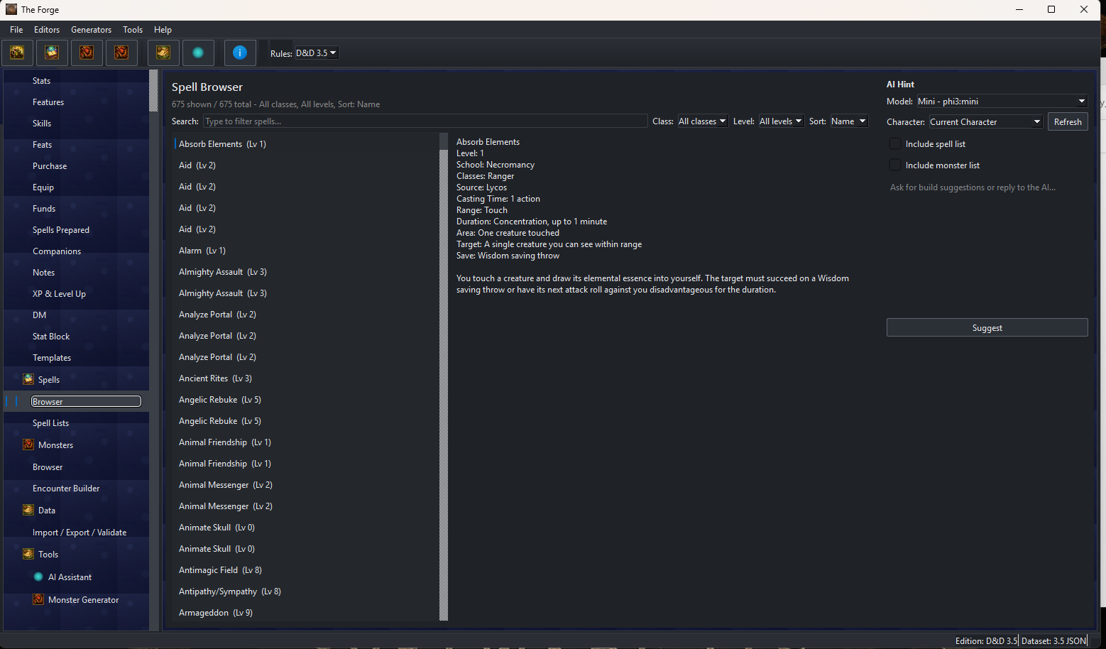 The Forge spells browser