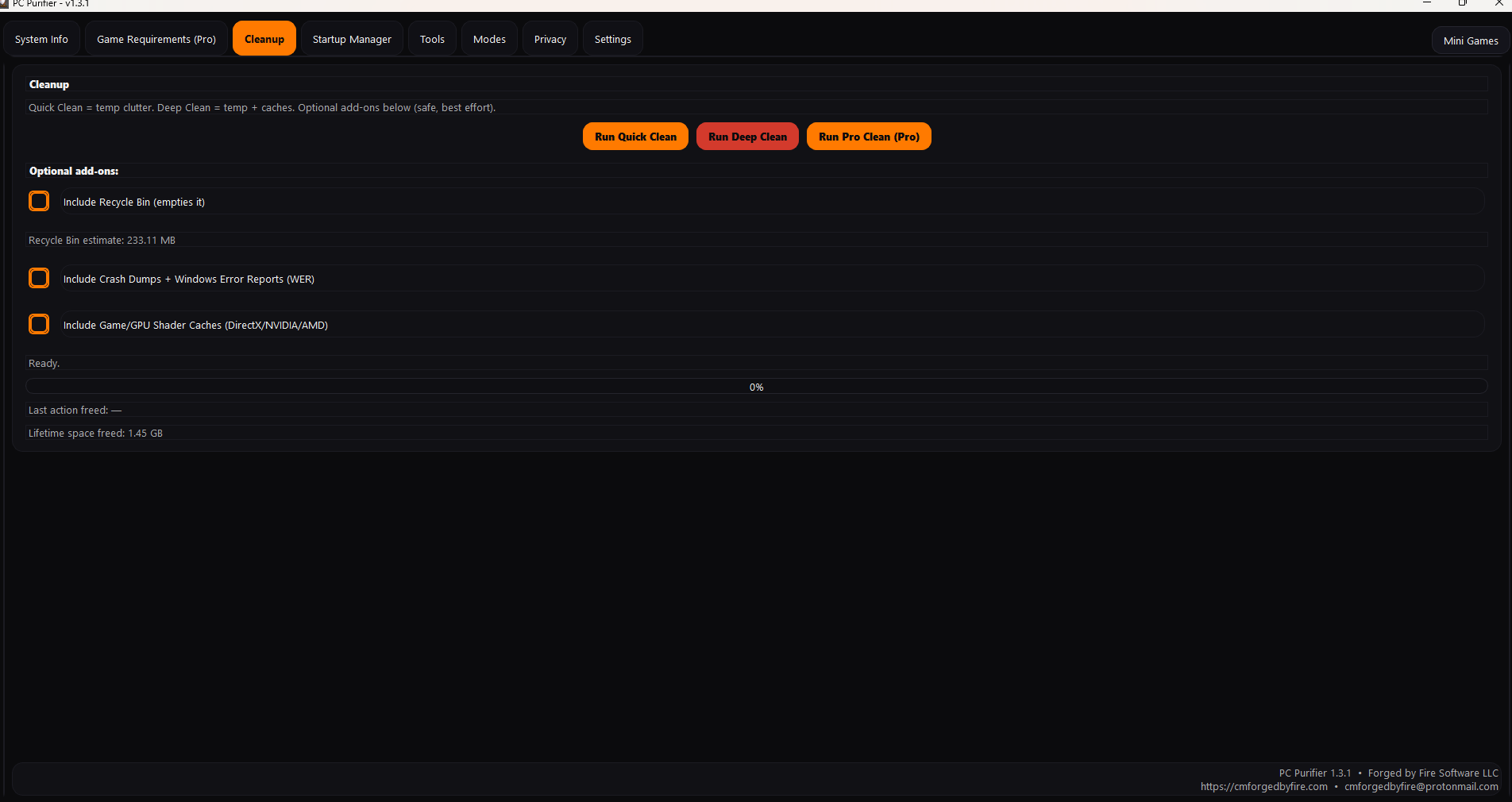 PC Purifier Cleanup tab