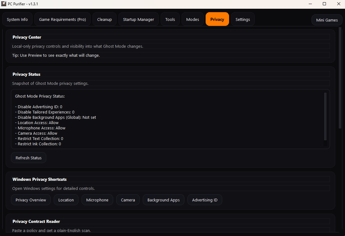 PC Purifier Privacy tab