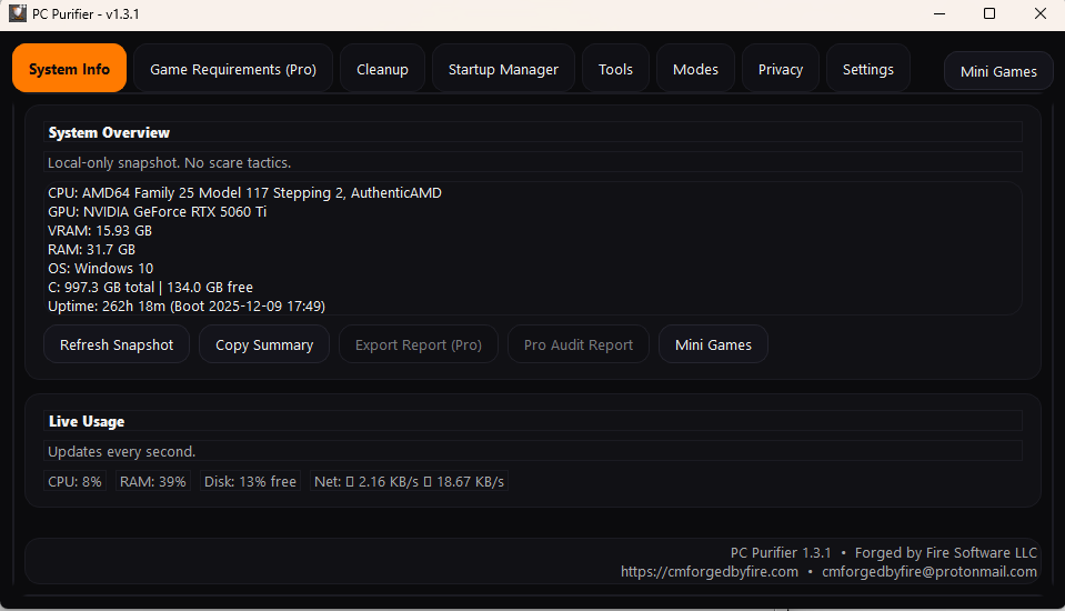 PC Purifier System Info tab